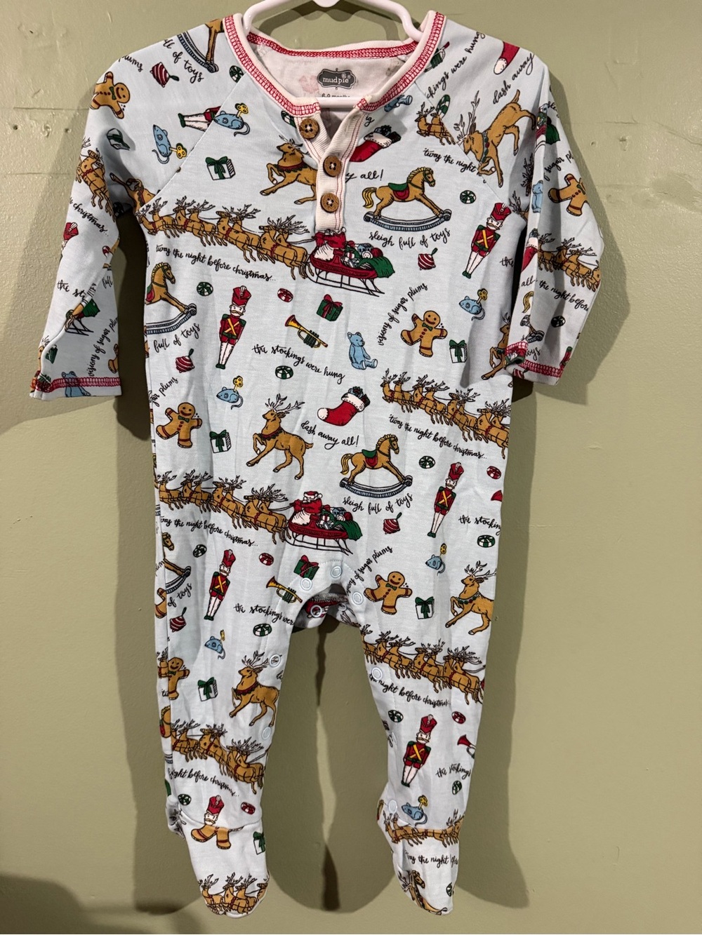 Mud Pie White Holiday Print Footed One-Piece with Red Trim